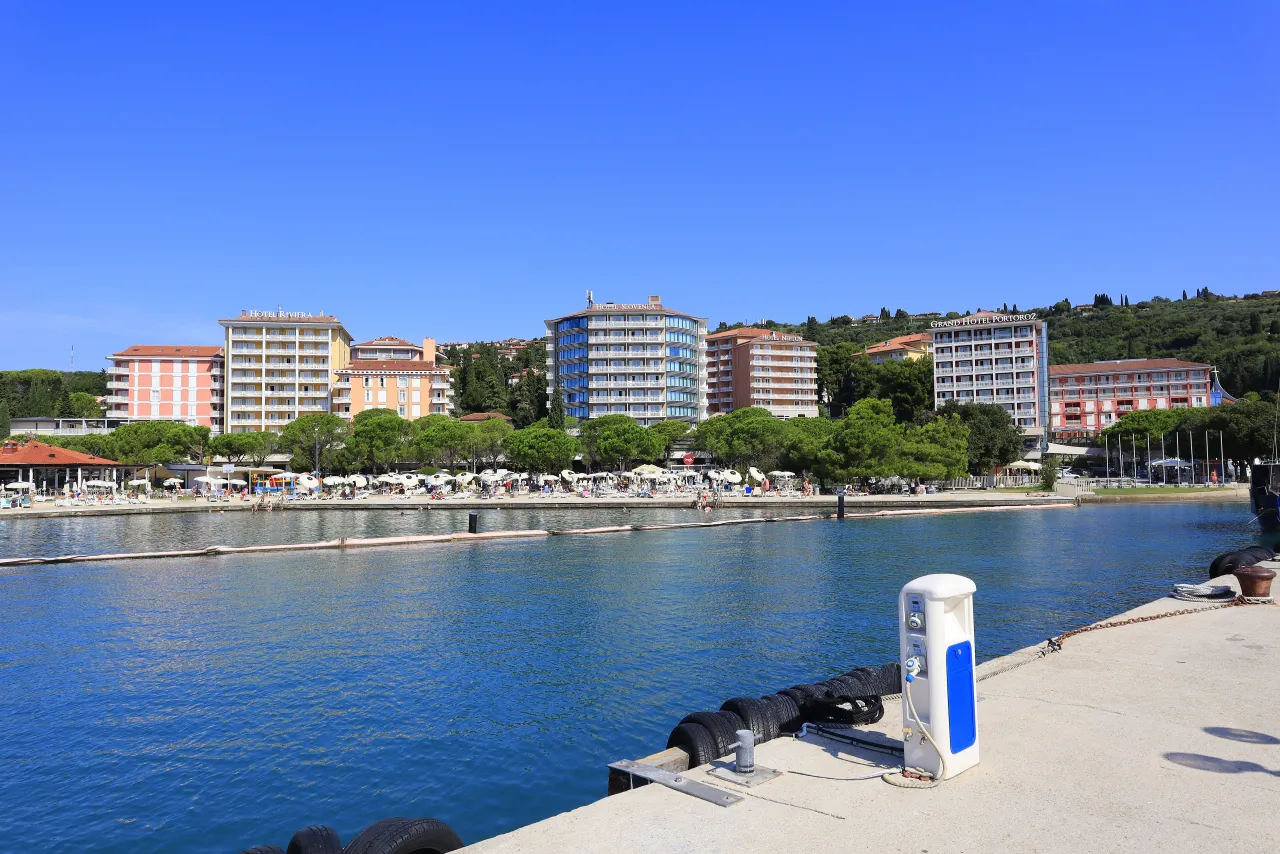 Portorož waterfront, promenade and hotels seen across the marina